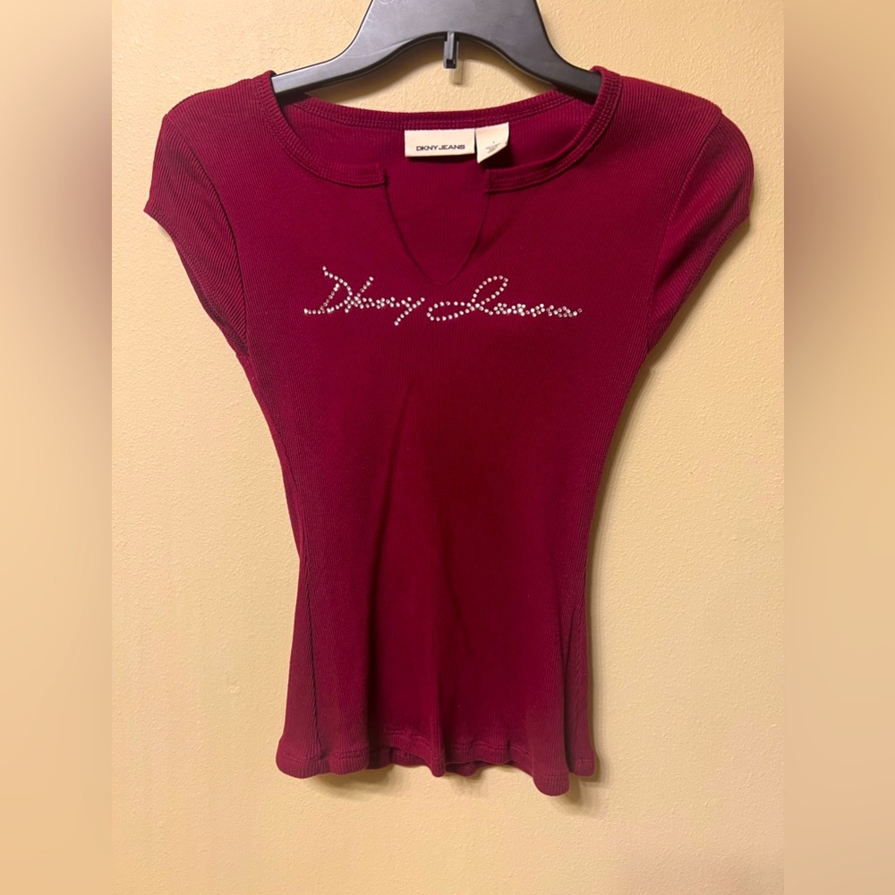 DKNY Jeans Rhinestone Logo Maroon Top Small